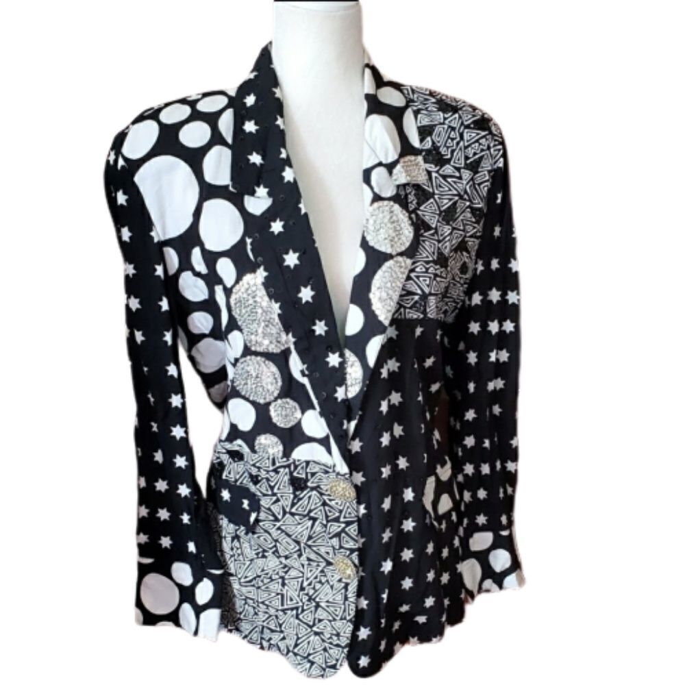 VINTAGE 80s sequined shirt blazer with shoulder pads geometric S‎